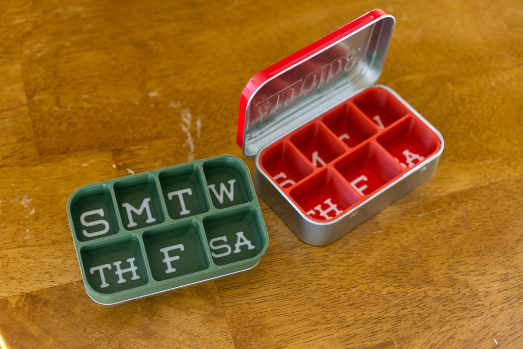 Altoid Tin Weekly Pill Organizer | Vitamins, Medication, Medicine, Cough Drops etc.  Easy To Read Letters.  Made In Alaska, USA!