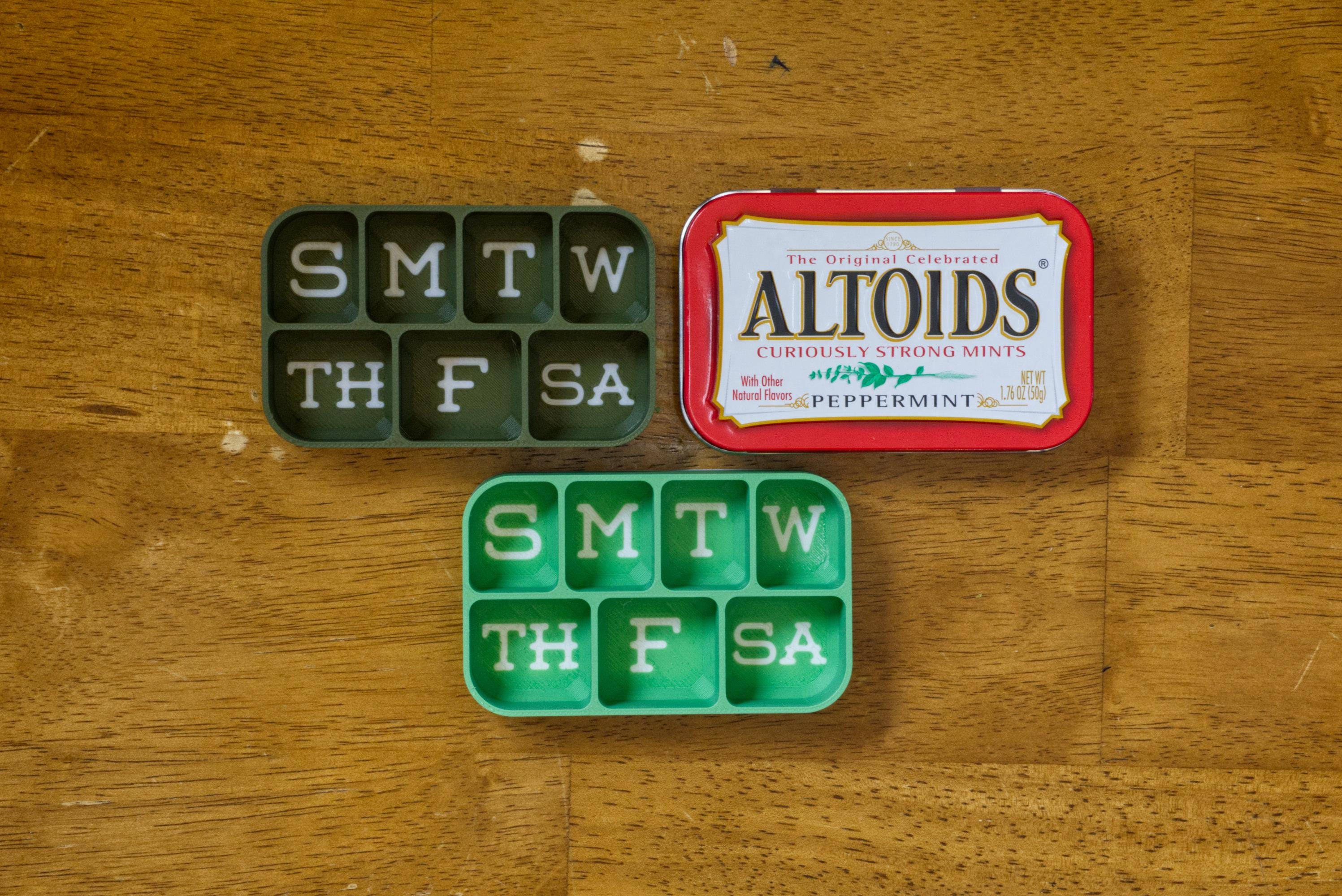 Altoid Tin Weekly Pill Organizer | Vitamins, Medication, Medicine, Cough Drops etc.  Easy To Read Letters.  Made In Alaska, USA!