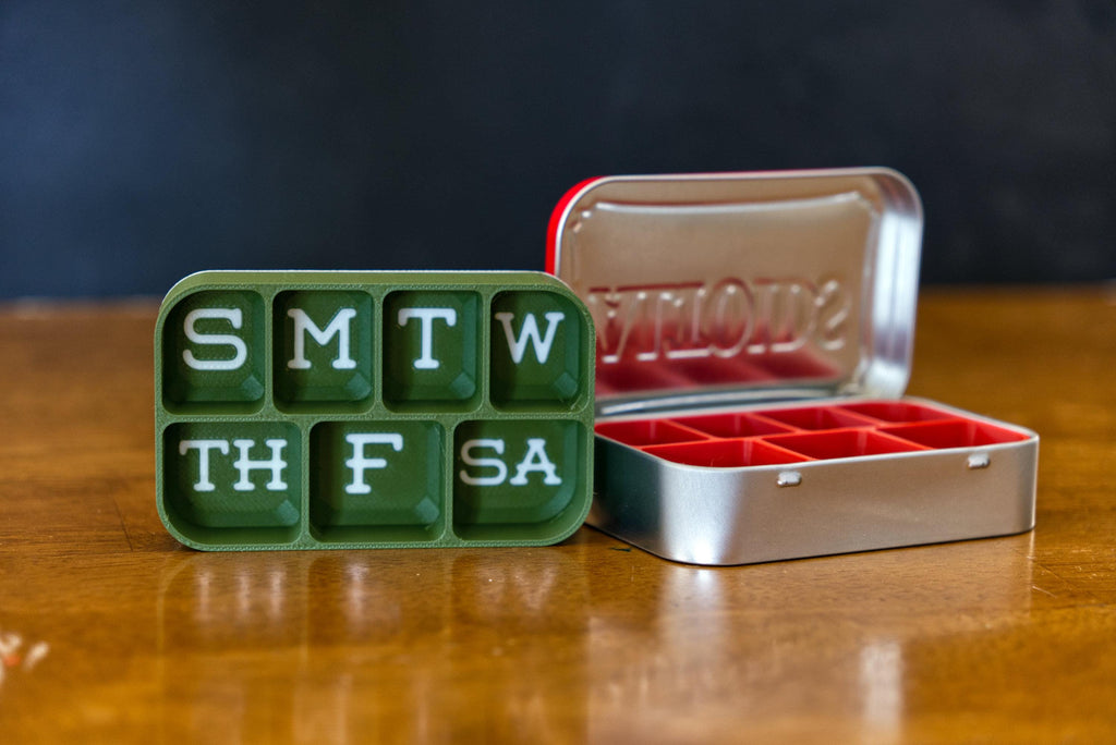 Altoid Tin Weekly Pill Organizer | Vitamins, Medication, Medicine, Cough Drops etc.  Easy To Read Letters.  Made In Alaska, USA!